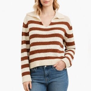 Mirra Masa  V-Neck Striped Cotton Blend Knit Sweater With Collar